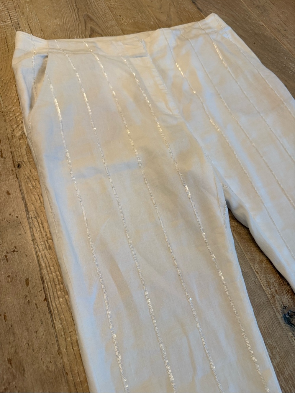 Brunello Cucinelli white linen-blend pants micro sequined pinstripes 10